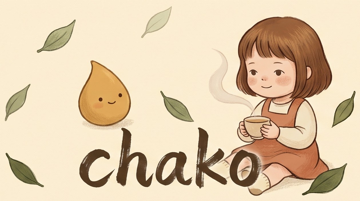 Project-03 interim art: the Chako logo, a girl sitting with a cup of tea among falling leaves