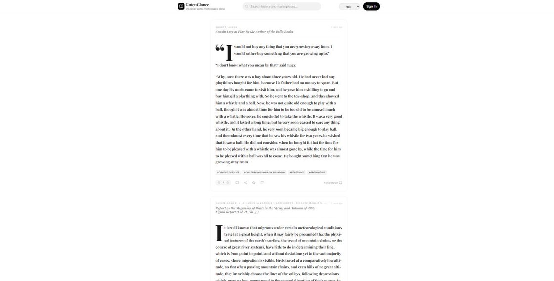 Guten Glance: an excerpt from a classic text with AI-generated theme tags