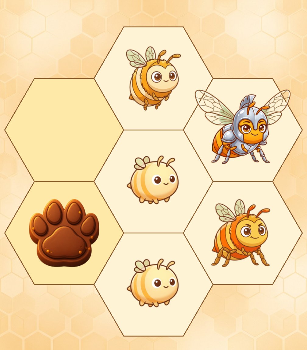 Hachi Hachi gameplay preview: cartoon bees on honeycomb tiles, mid-merge