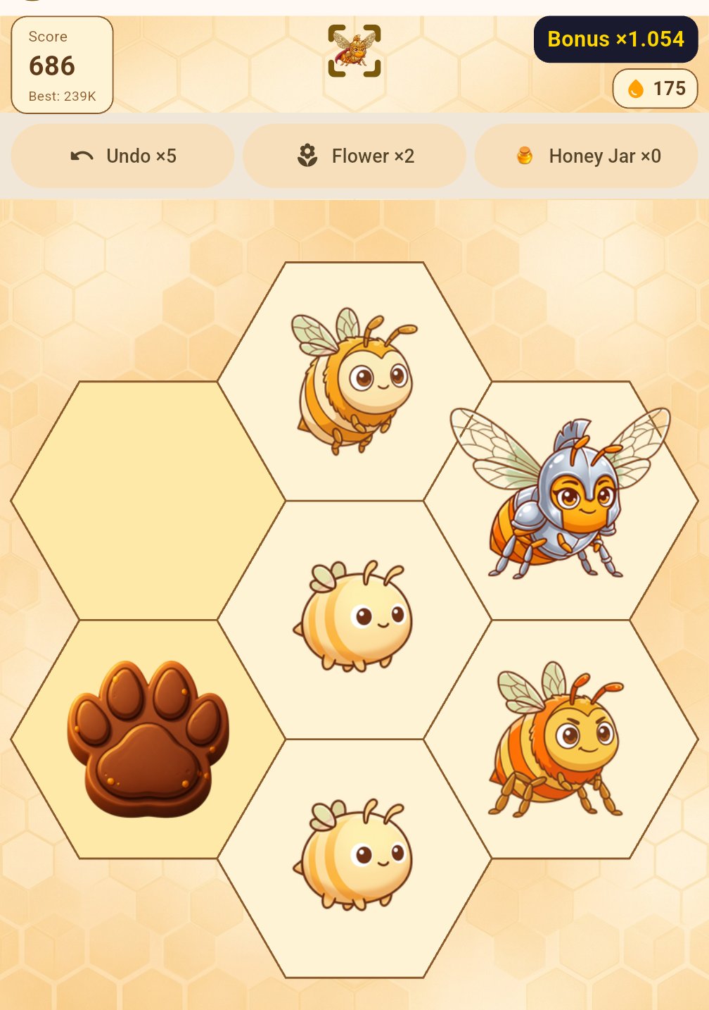 Hachi Hachi gameplay preview: cartoon bees on honeycomb tiles, mid-merge, with the score and item bar above