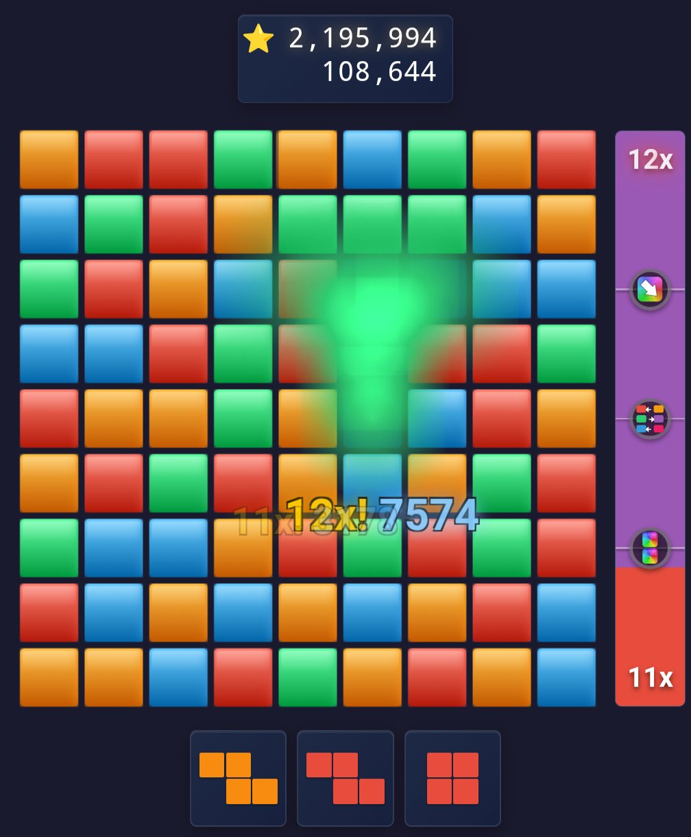 Matchomino gameplay: a 12x combo flashing across the block board, with the next three pieces waiting below